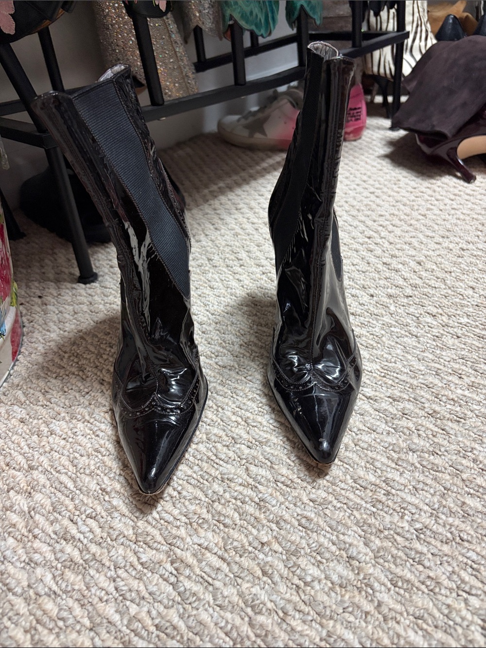 Patent Pointed Toe Black Ankle Boots by